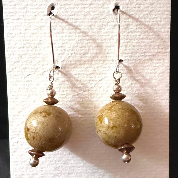 Handmade Jewelry - Ceramic Orb Copper Dangle Earrings Stephanie Aune Artist Tan Boho J3019